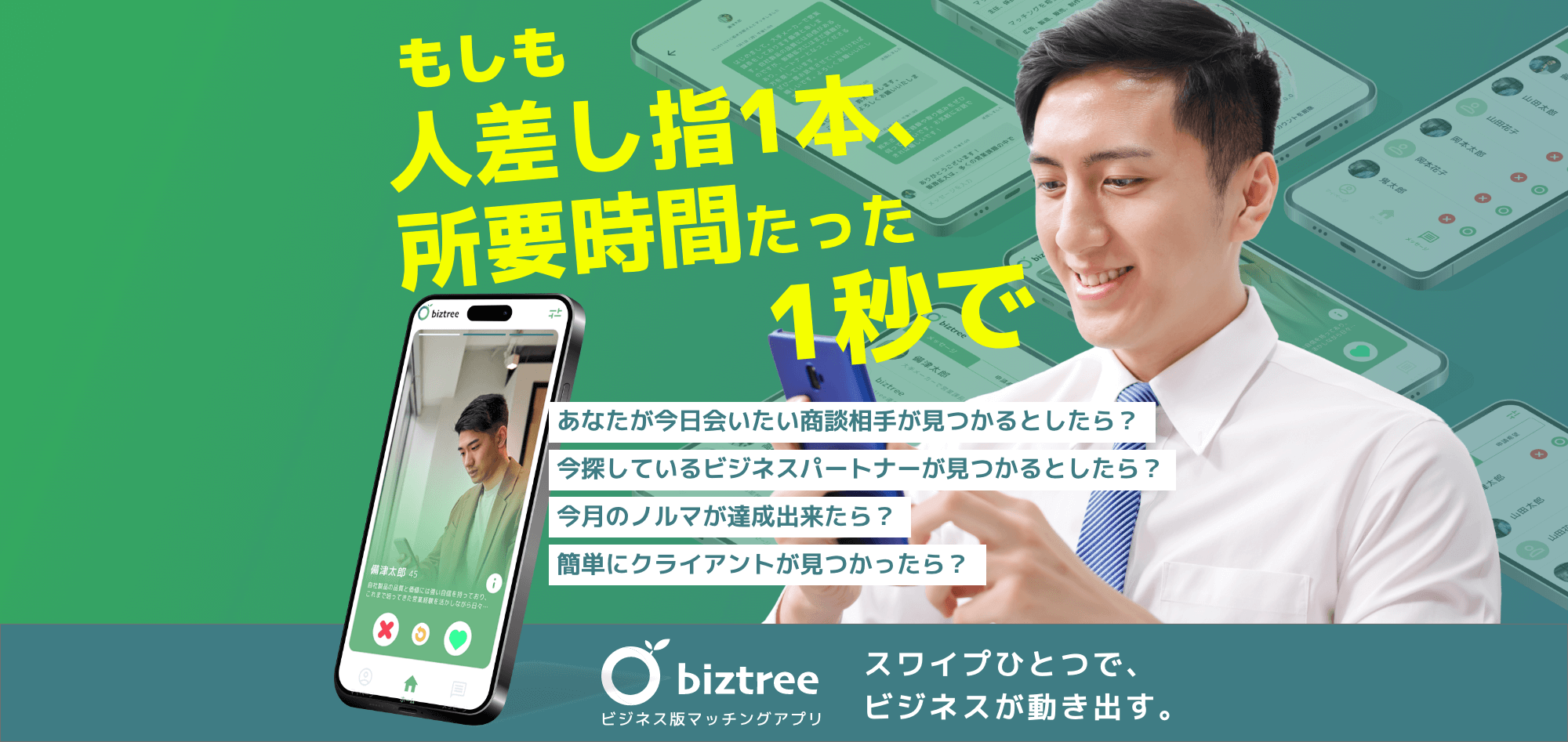 もしも人差し指1本、所要時間たった1秒であなたが今日会いたい商談相手が見つかるとしたら？今探しているビジネスパートナーが見つかるとしたら？今月のノルマが達成出来たら？簡単にクライアントが見つかったら？